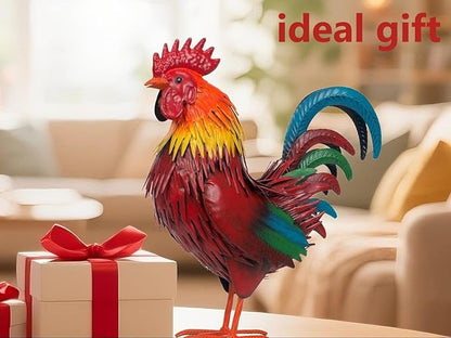 Rooster Garden Statue Sculpture Metal Chicken Yard Decor Outdoor Figurines Patio Backyard Decoration (red)