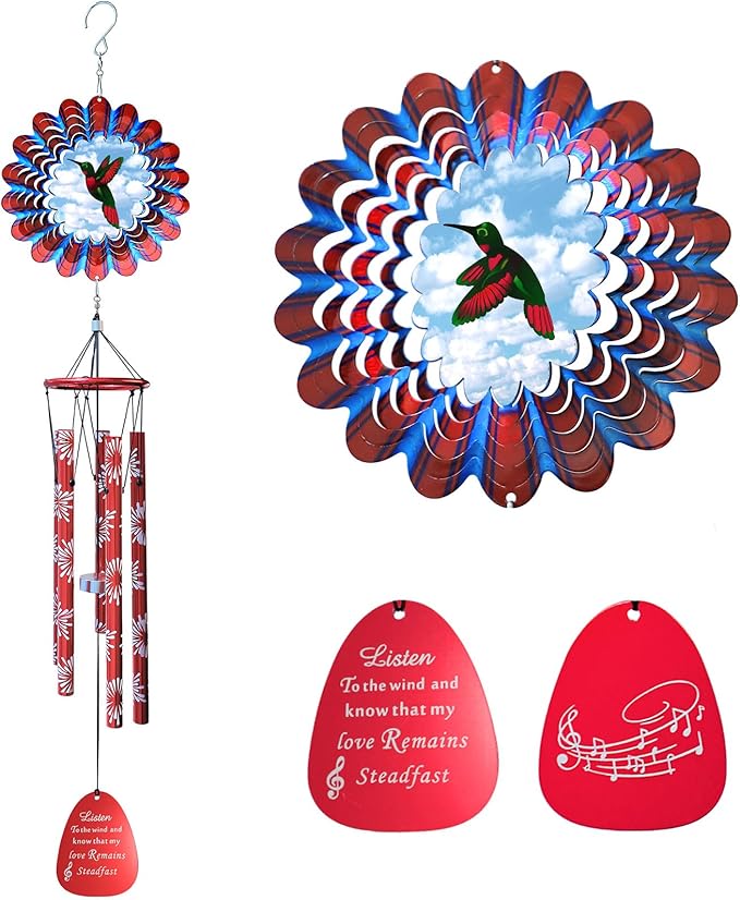33" Memorial Sympathy Wind Chimes | Deep Tone Hummingbird Windchime with Animated Spinner, Waterproof Outdoor Garden Decor- Gift for Men/Women/Mom/Dad/Housewarming/Christmas