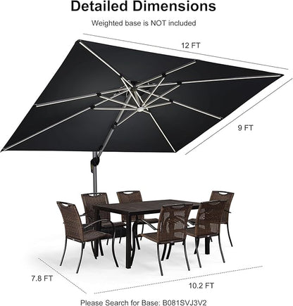PURPLE LEAF 9' X 12' Double Top Deluxe Solar Powered LED Rectangle Patio Umbrella Offset Hanging Umbrella Outdoor Market Umbrella Garden Umbrella, Grey