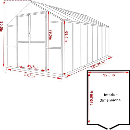 MUPATER 8 x16 FT Outdoor Walk-in Backyard Green House Kit with Sliding Lockable Door for Outdoor, Polycarbonate Greenhouse with Aluminum Frame & Adjustable Roof Vent, Garden, Patio, Lawn, Gray