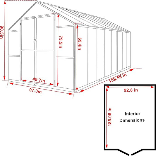 MUPATER 8 x16 FT Outdoor Walk-in Backyard Green House Kit with Sliding Lockable Door for Outdoor, Polycarbonate Greenhouse with Aluminum Frame & Adjustable Roof Vent, Garden, Patio, Lawn, Gray