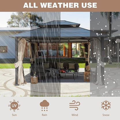 EROMMY 12'x14' Hardtop Gazebo, Double Roof Metal Canopy with Aluminum Frame, Netting and Shaded Curtains Included Permanent Outdoor Pavilion Gazebos for Patio, Backyard, Deck and Lawns