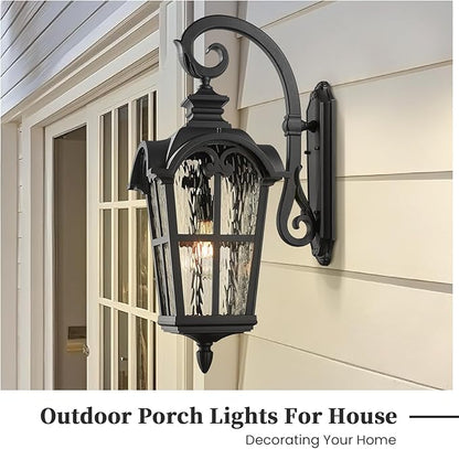 Outdoor Wall Sconce Lights Black Anti-Rust Wall Mount Light with Water Ripple Glass Aluminum Exterior Lights for Garager Doorway and Patio E26 Socket and Waterproof