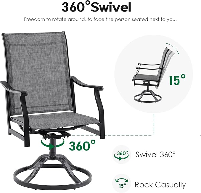 Patio Swivel Chairs Set of 2, Outdoor Dining Chairs with Textilene, Swivel & Rocker Metal Outdoor Patio Dining Chair All-Weather for Backyard, Grey Fabric with Black Frame