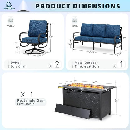 MFSTUDIO 4 Piece Patio Conversation Sets, All Weather Metal Frame Outdoor Furniture Set Patio Sofas with 1 x 45 Rectangular Fire Pit Table,1 x 3-Seat Sofa, 2 x Swivel Chairs, Peacock Blue Cushion