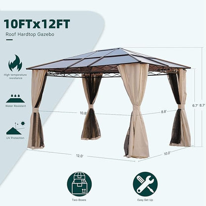 Grand patio 10x12 Gazebo, Hardtop Gazebo, Single Roof Pergolas Metal Aluminum Frame UV 50+ Outdoor Canopy with Mosquito Netting and Curtains, Outdoor Shelter for Garden, Lawn, Backyard