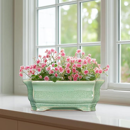 Bonsai Tree Pot 11.6 Inch - Ceramic Succulent Pots, Bonsai Planter for Indoor Outdoor, Decorative Plant Pot with Drainage Hole, Rectangular Flower Pot, Home Garden Decor, Garden Gifts, Green