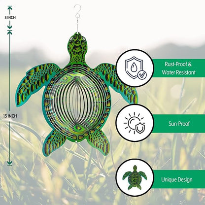 ISEO Turtle Wind Spinner for Yard and Garden, Hanging Outdoor Decor, Yard Art, Porch and Patio Decorations, Metal Wind Spinners Outdoor, Weather Resistant, 15”
