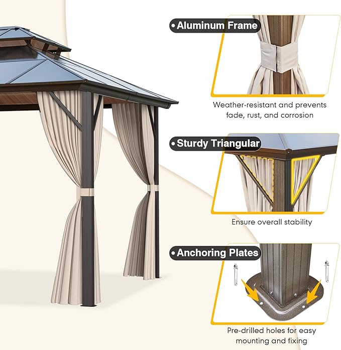 MELLCOM 12'x16' Hardtop Gazebo with Polycarbonate Double Roof, Aluminum Frame Outdoor Gazebos with Curtains and Netting for Garden, Lawn and Patio