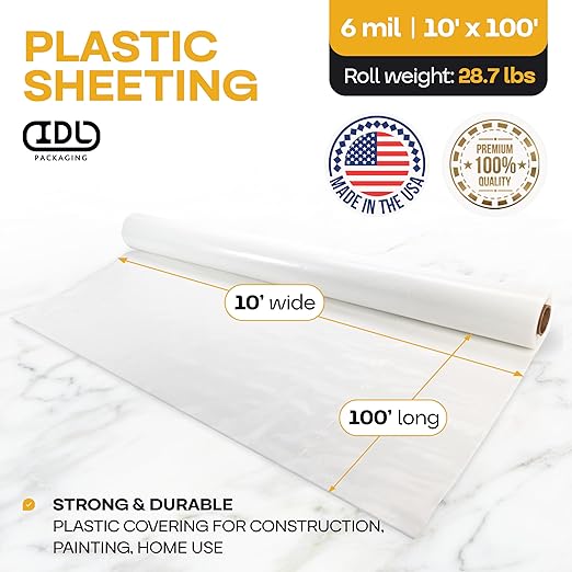 Plastic Sheeting 6 mil, 10' x 100' (1000 sq. ft.) - LDPE Film Roll - Strong Semi-Clear Plastic Rolls Heavy Duty Outdoor - Thick Painting Plastic Covering for Construction by IDL Packaging