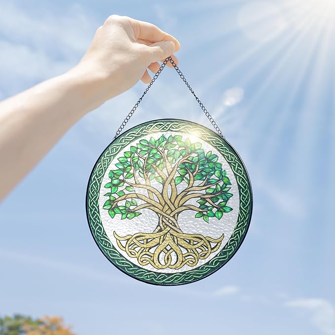 FLAGWIX Christmas Tree of Life Gifts for Women Men - Stained Glass Window Hanging 8 in - Xmas Birthday Gifts for Mom Grandma, Celtic Decor Suncatchers for Windows Hanging, Christmas Decoration