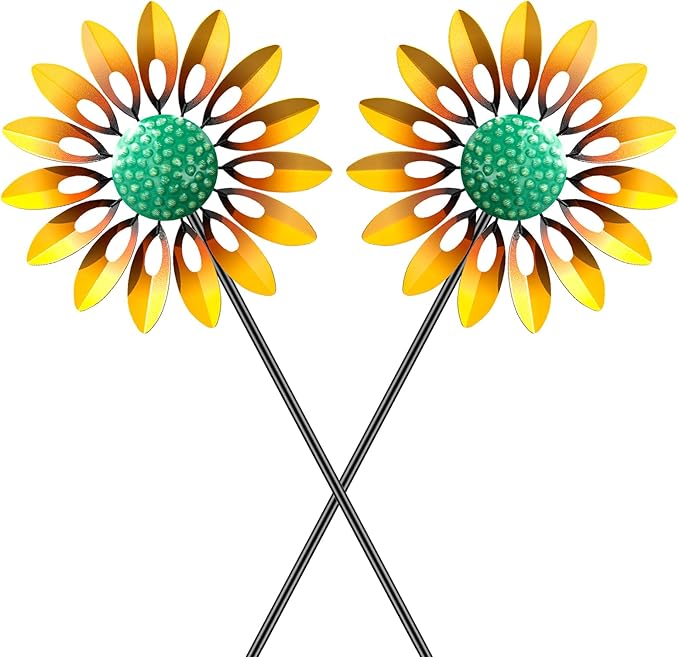 2pcs Sunflower Wind Spinner Outdoor, Freestanding Kinetic Wind Sculpture with Stake, Metal Windmill for Outside Garden Lawn Yard Art Decorations Yellow