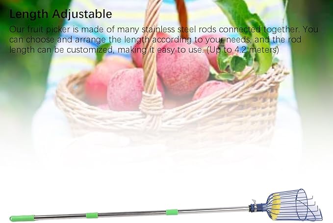 Tyenaza Fruit Picker Pole Tool with Basket Long Handle, Stainless Steel Fruit Picker Tool with Basket Pole Easy to Assemble Fruits Catcher Tree Picker Length Adjustable