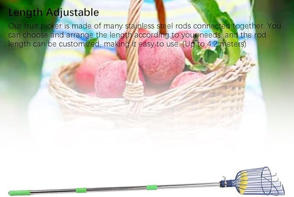 Tyenaza Fruit Picker Pole Tool with Basket Long Handle, Stainless Steel Fruit Picker Tool with Basket Pole Easy to Assemble Fruits Catcher Tree Picker Length Adjustable