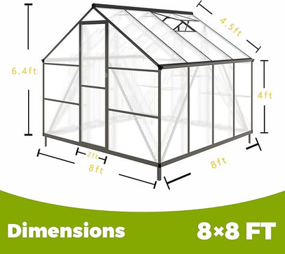 8x8 FT Greenhouses for Outdoors, Polycarbonate Greenhouse with PC Panels, Greenhouses for Outdoors for Yard, Garden, Hobby, Dark Grey
