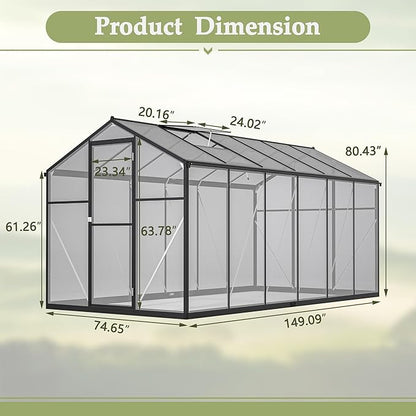 KEIKI 6x12 FT Greenhouse for Outdoors, Heavy Duty Polycarbonate Greenhouse, Large Walk-in Green House with Double Doors and Two Ventilation Windows for Outside Green House Garden Backyard