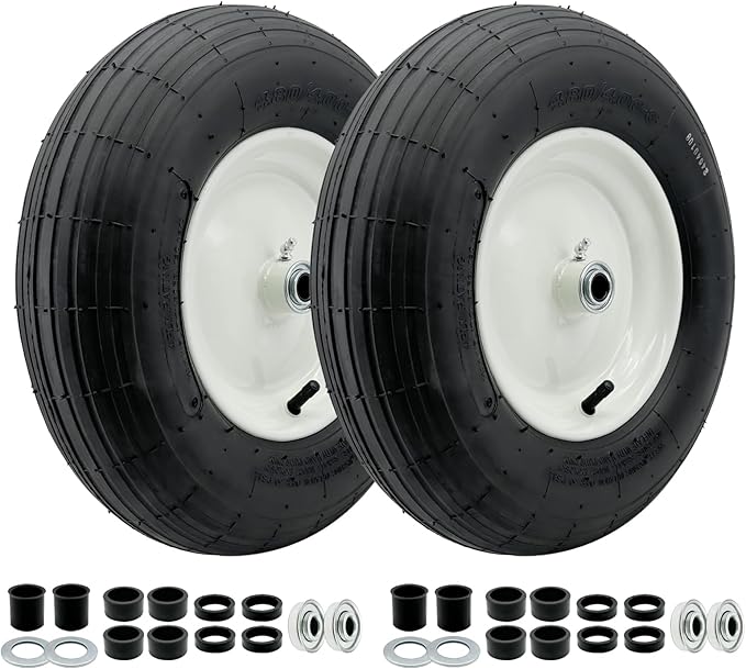 2-Pack 4.80-8 Wheelbarrow Tire with Rim 3"-6''Centered Hub, 3/4" or 5/8''or 1/2'' Bearings, 16‘’ Tire Assembly for Hand Truck,Garden Cart (4.80/4.00-8 Tube Type,3" Center Hub,RibbedTread)