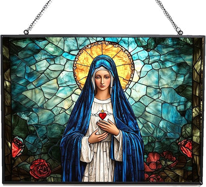Rectangle Virgin Mary Stained Glass Window Hangings, Cat Butterfly Sunflower Handcrafted Stained Glass Suncatchers, Gift for Cat Lovers Nature Lovers 15"x11"