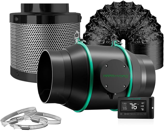 MARS HYDRO 6 Inch Inline Fan and Filter, with Temperature and Humidity Controller, and 25 Feet Ducting, Exhaust Fan for Grow Tents, Hydroponics