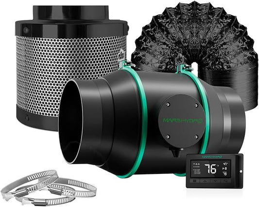 MARS HYDRO 6 Inch Inline Fan and Filter, with Temperature and Humidity Controller, and 25 Feet Ducting, Exhaust Fan for Grow Tents, Hydroponics