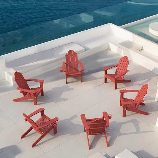 LUE BONA HDPS Adirondack Chairs Set of 6, Fire Pit Outdoor Chair Weather Resistant with Cup Holder, Modern Plastic Chair Plastic for Patio, Deck, Proch, 350LBS, Red