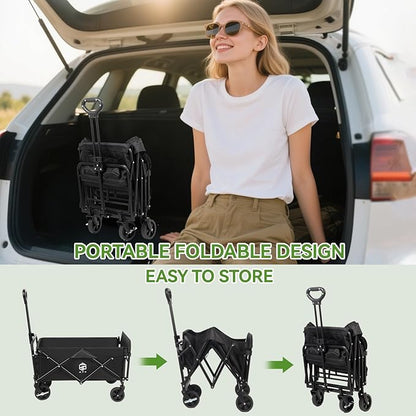 AYP Collapsible Wagon Cart Foldable with Wheels, Beach Wagon with Extended Tailgate & Brake, Heavy Duty Rolling Carts for Garden, Grocery Shopping, Camping, Outdoor Sports, Yard Work, Fishing