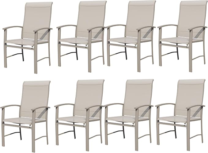 Outdoor Dining Chairs Set of 8, Stackable Patio Chairs with Metal Frame & Textilene Fabric, Perfect for Patio Garden Deck, Ivory