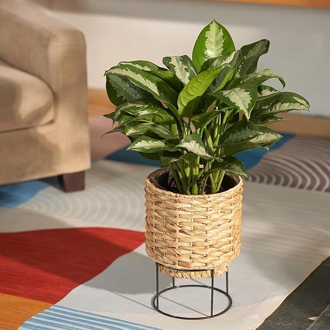 Set of 2 Water Hyacinth Planter Pot with Metal Stand - Indoor Plant, Flower, Succulent, Basket Planter, Decorative Pot Cover (Twisted)
