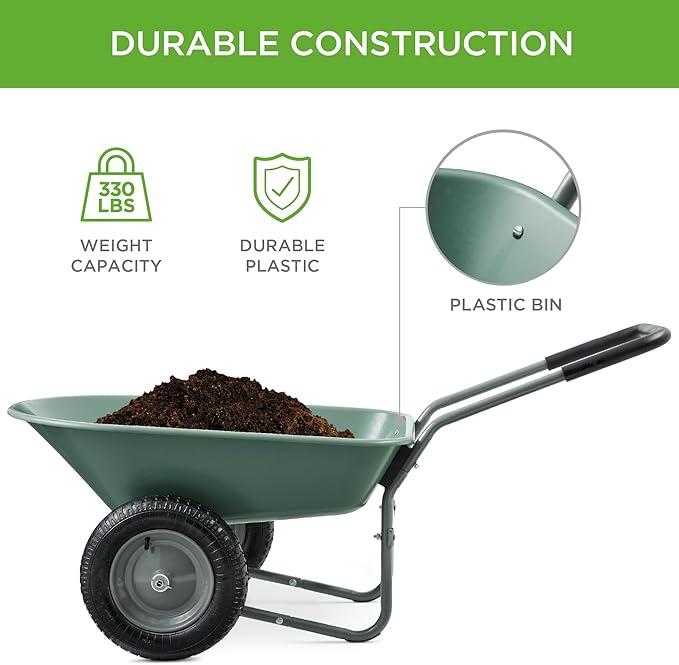 Best Choice Products Dual-Wheel Home Utility Yard Wheelbarrow Garden Cart w/Built-in Stand for Lawn, Gardening, Construction - Seafoam