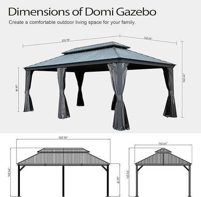 Domi 12x20FT Outdoor Gazebo, Hardtop Gazebo with Galvanized Steel Double Roof, Metal Gazebos with Drainage System Patio Pergola for Patio Deck Backyard,Curtain and Netting,Gray