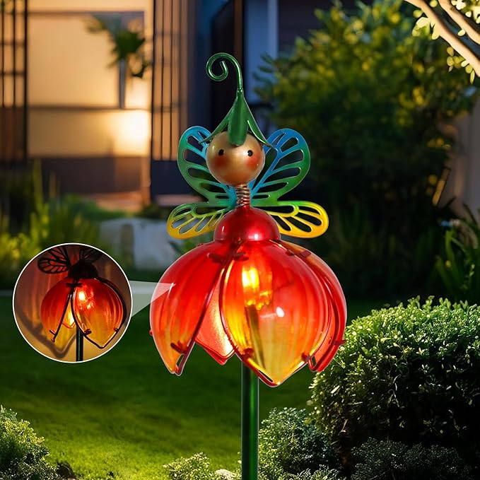 VCUTEKA Solar Garden Lights Metal Flower Decor Colorful Fairy Flowers Solar Pathway Light with LED Cracked Crystal Ball Outdoor Decorative Stake for Patio Yard Lawn