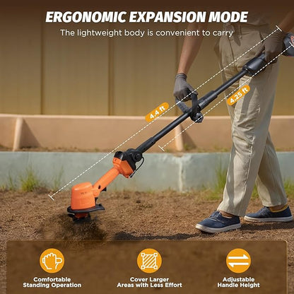 24V Cordless Mini Tiller Cultivator - Lightweight 1.5kg Rototiller, 4" Working Width, 235RPM with 4 Rows Tines for Effortless Gardening - Includes 2x1.5Ah Batteries & Charger