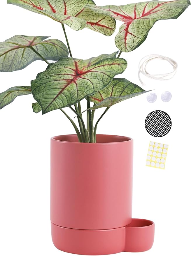 5.5 Inch Ceramic Self Watering Planters with Absorbent Cotton Rope, Cylinder Round Flower Pot for Succulent, Herbs, African Violets, Pink, 1 Pack