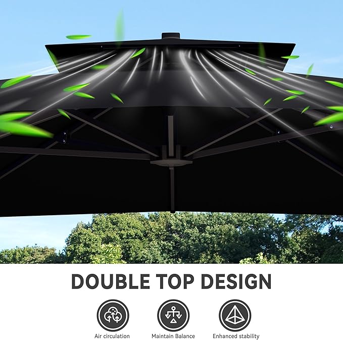 10x13 FT Cantilever Patio Umbrella Double Top Outdoor Rectangular Large Heavy Duty Aluminum Offset Umbrellas with 7 Level Tilt 360-degree Rotation for Pool Garden Deck, Black