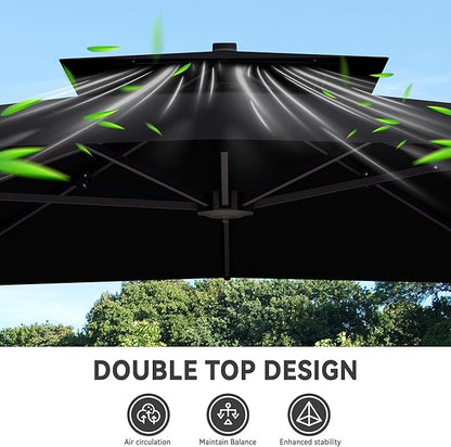 10x13 FT Cantilever Patio Umbrella Double Top Outdoor Rectangular Large Heavy Duty Aluminum Offset Umbrellas with 7 Level Tilt 360-degree Rotation for Pool Garden Deck, Black