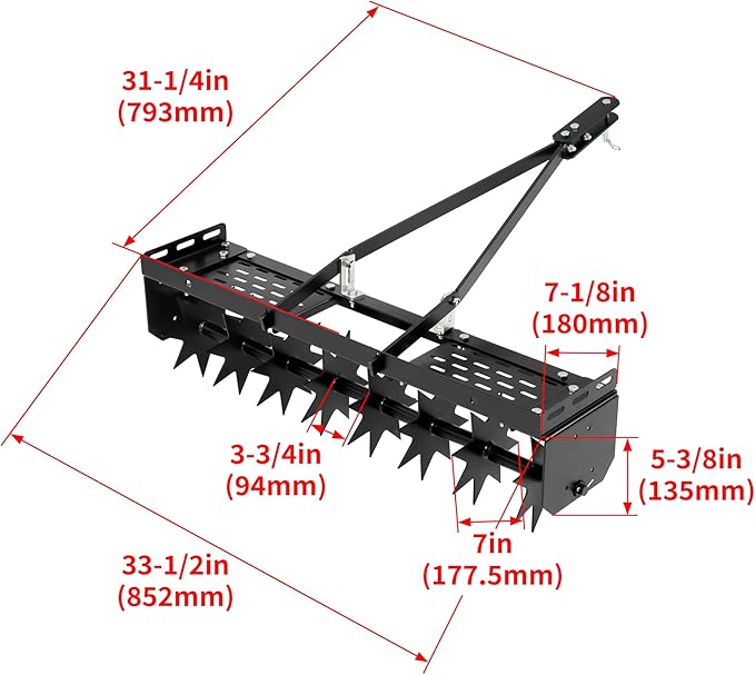 32" Tow Behind Spike Aerator Tool W/ 8 Spikes, Hitch Pin Attach to Lawn Tractor, Most ZTRs, ATVs Soil Mower Hitch, Lawn Soil Penetrator for Gardens, Lawns, Farms