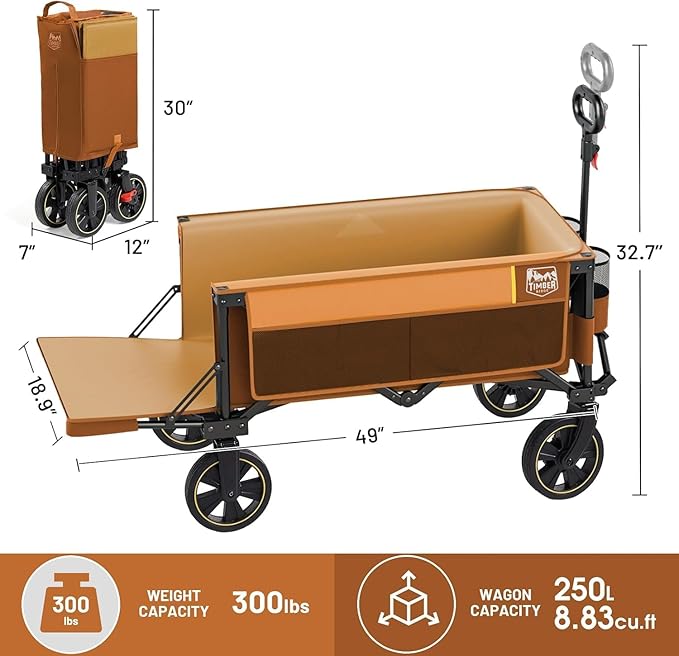 TIMBER RIDGE 49" Extra Long Collapsible Folding Wagon with Tailgate and Brakes, 250L Capacity All-Terrain Wagon Carts Foldable, 300lbs Portable Cart for Dog, Garden, Outdoor Camping Sports, Orange