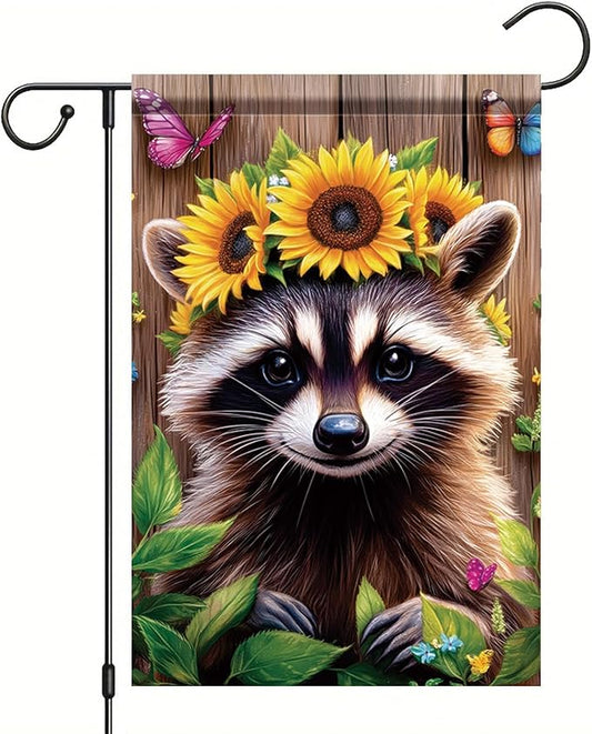 Summer Spring Garden Flag 12x18 Inch Double Sided Cute Raccoon Sunflower Crown Summer Yard Decoration Outdoor Rustic Banner for Porch Lawn Butterfly Floral Farmhouse Seasonal Decor