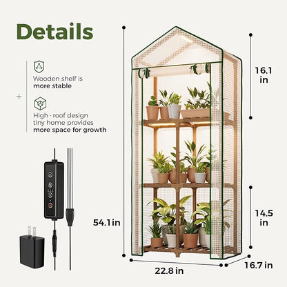 Bamworld Mini Greenhouse with Grow Light Plant Stand for Mutiple Pots Outdoor 3-Tierd Reusable Portable Warm House with PE Cover Compact Patio Boho Home Decor