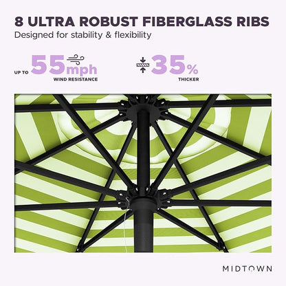 Midtown Umbrellas Push and Pop 10 Feet Outdoor Umbrella, Pear Stripes Polyester Fabric - Fiberglass Ribs Deck Patio Umbrella, Backyard Umbrella, Garden Umbrella & Pool Umbrella - Black Pole