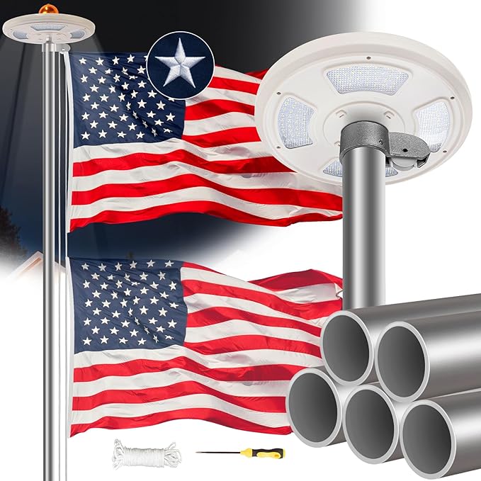 20FT Sliver Heavy Duty Flag Pole Kit with 3x5 Ft American Flag & Solar Light - 12 Gauge Aluminum Tubing, Resistance High Winds, Hardware Flagpole Set for Residential Commercial Outdoor Ready