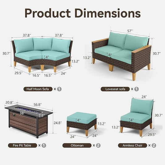GREEN PARTY 8 Pieces Wicker Patio Furniture Set with 56" Fire Pit Table, All-Weather Outdoor Rattan Patio Half-Moon Curved Sectional Sofa Conversation Set with 4" Thick Cushions for Garden (Blue)