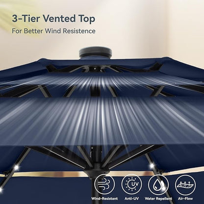 PHI VILLA 10ft Patio Umbrella with Light, Outdoor Large Auto-Tilt 3 Tier Market Table Umbrellas with 8 Sturdy Ribs and 1.5" Pole for Lawn Poolside Garden Terrace,Navy Blue