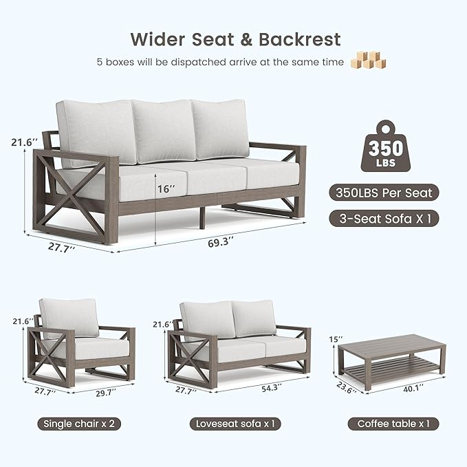 UDPATIO 5 Piece Aluminum Patio Furniture Set Faux Wood Grain Modern Outdoor Furniture Patio Conversation Set with 6" Olefin Fabric Cushions and Coffee Table, 600D Waterproof Cover Included, Light Grey