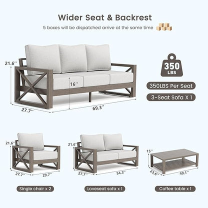 UDPATIO 5 Piece Aluminum Patio Furniture Set Faux Wood Grain Modern Outdoor Furniture Patio Conversation Set with 6" Olefin Fabric Cushions and Coffee Table, 600D Waterproof Cover Included, Light Grey
