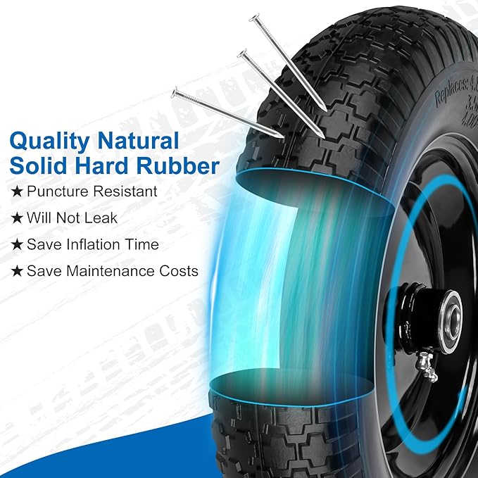 4.80/4.00-8" Flat Free Wheelbarrow Tire and Wheel, 14.5" Universal Fit Solid Tire with 5/8" or 3/4" Bearing, 3"-7" Hub, Adapter Kit Hand Truck Wheel Replacement for 3.50/2.50-8", 4.00-6"nhs etc