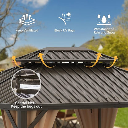 Domi 12'x20' Hardtop Gazebo Canopy - Outdoor MetalF with Galvanized Steel Double Roof, Curtain and Netting - Permanent Pavilion for Patio, Deck, Backyard