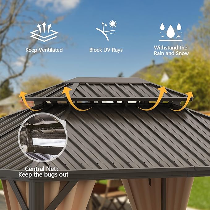 Domi 10'x14' Hardtop Gazebo Canopy, Outdoor Metal Gazebo with Galvanized Steel Double Roof,Curtain and Netting,Permanent Pavilion for Patio Deck,Backyard