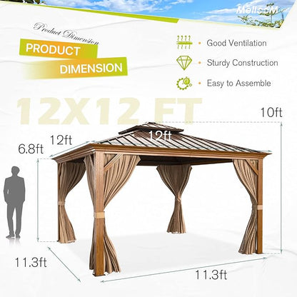 MELLCOM 12'x12' Hardtop Gazebo, Wooden Finish Coated Aluminum Frame Canopy with Galvanized Steel Roof, Outdoor Metal Gazebos with Curtains and Nettings for Patio, Backyard, Deck and Lawns