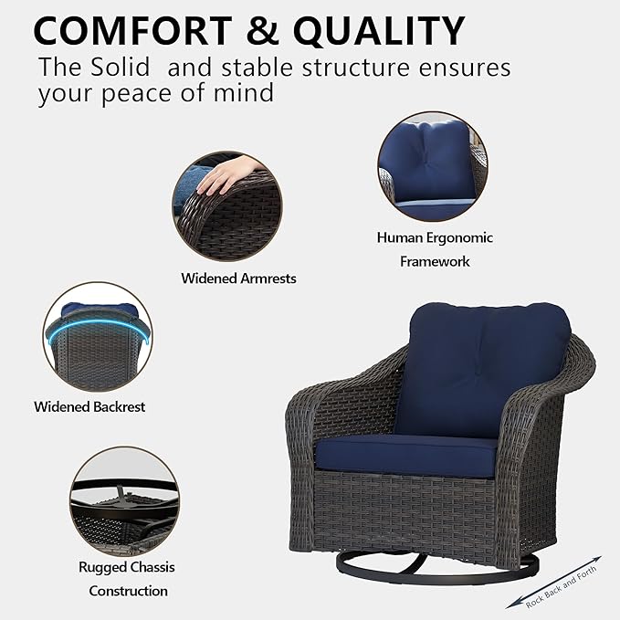Wicker Swivel Rocking Chairs Set 2 with Storage Side Table - Outdoor Brown Wicker Swivel Glider Chair Outdoor Rocking Chair with Water-Resistant Cushions, Blue